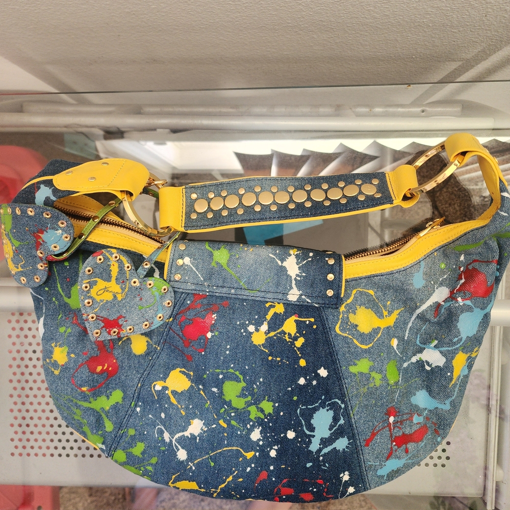 Junior Drake Y2K Paint Splatter Denim Shoulder Bag Heart Charms - Picture 6 of 10